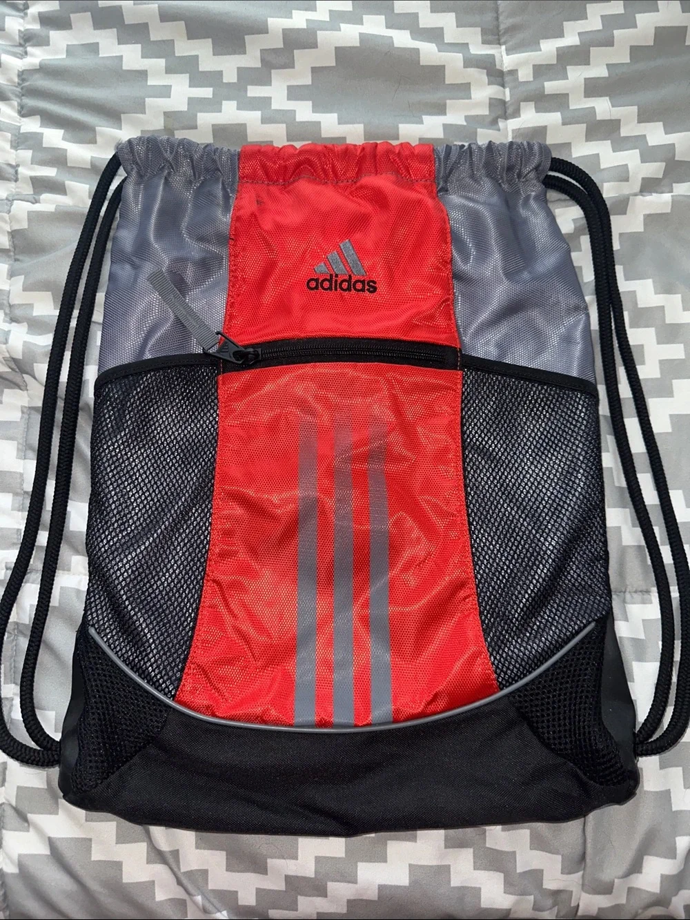 adidas Red, Gray and Black Drawstring Backpack with Front Zip Pocket - Picture 1 of 3